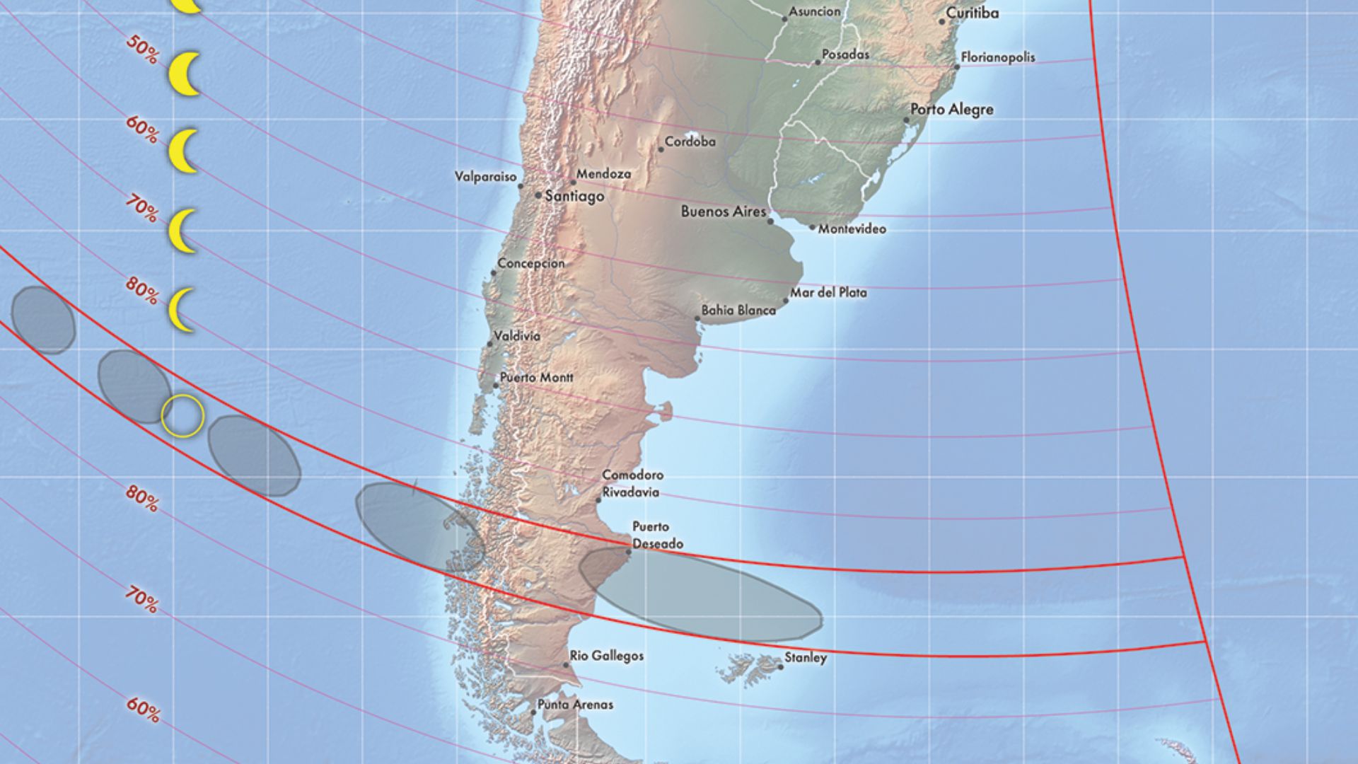 Una vista más cercana de América del Sur que muestra la trayectoria del eclipse solar anular.