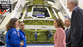 Vice President Kamala Harris with NASA astronauts and Orion spacecraft