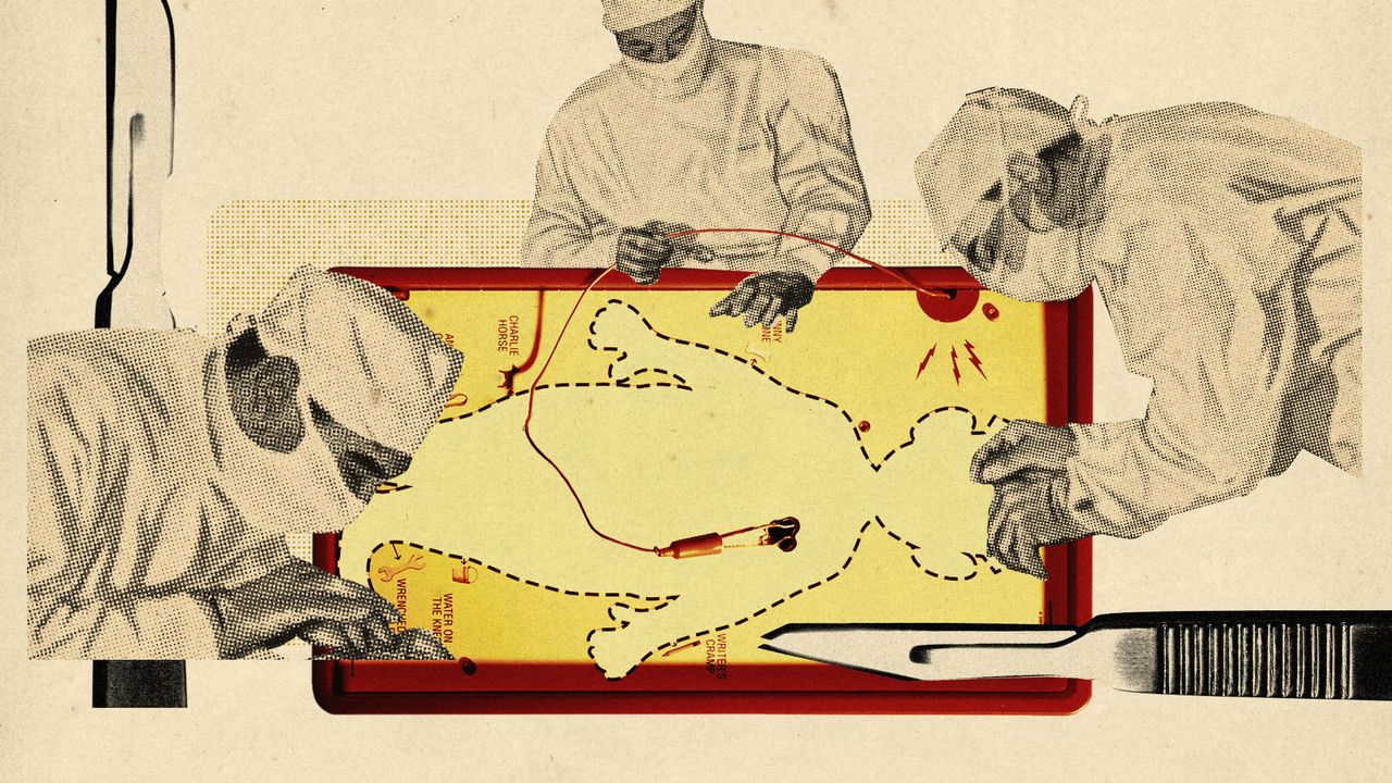 Photo collage of the game of Operation, with the man missing from it. Around it, there&#039;s illustrations of surgeons cutting into the empty table