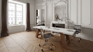CG visualisation of a table and chairs in a large office room