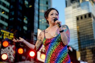 Comedian Margaret Cho hosts the Closing Ceremony of WorldPride NYC 2019 at Times Square on June 30, 2019 in New York City