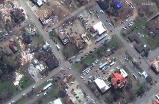 Maxar satellite imagery of the post office and county clerks office in Rolling Fork, Mississippi after being hit by the March 24th, 2023 tornado.