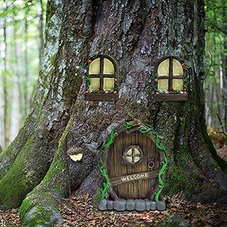 Dmyifan Resin Fairy Door & Window Set With Glow in the Dark Windows, Miniature Sculpture for Trees, Outdoor Decor Accessories