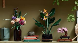 Lego's flower bouquet, bird of paradise and bonsai tree sets sit on shelf
