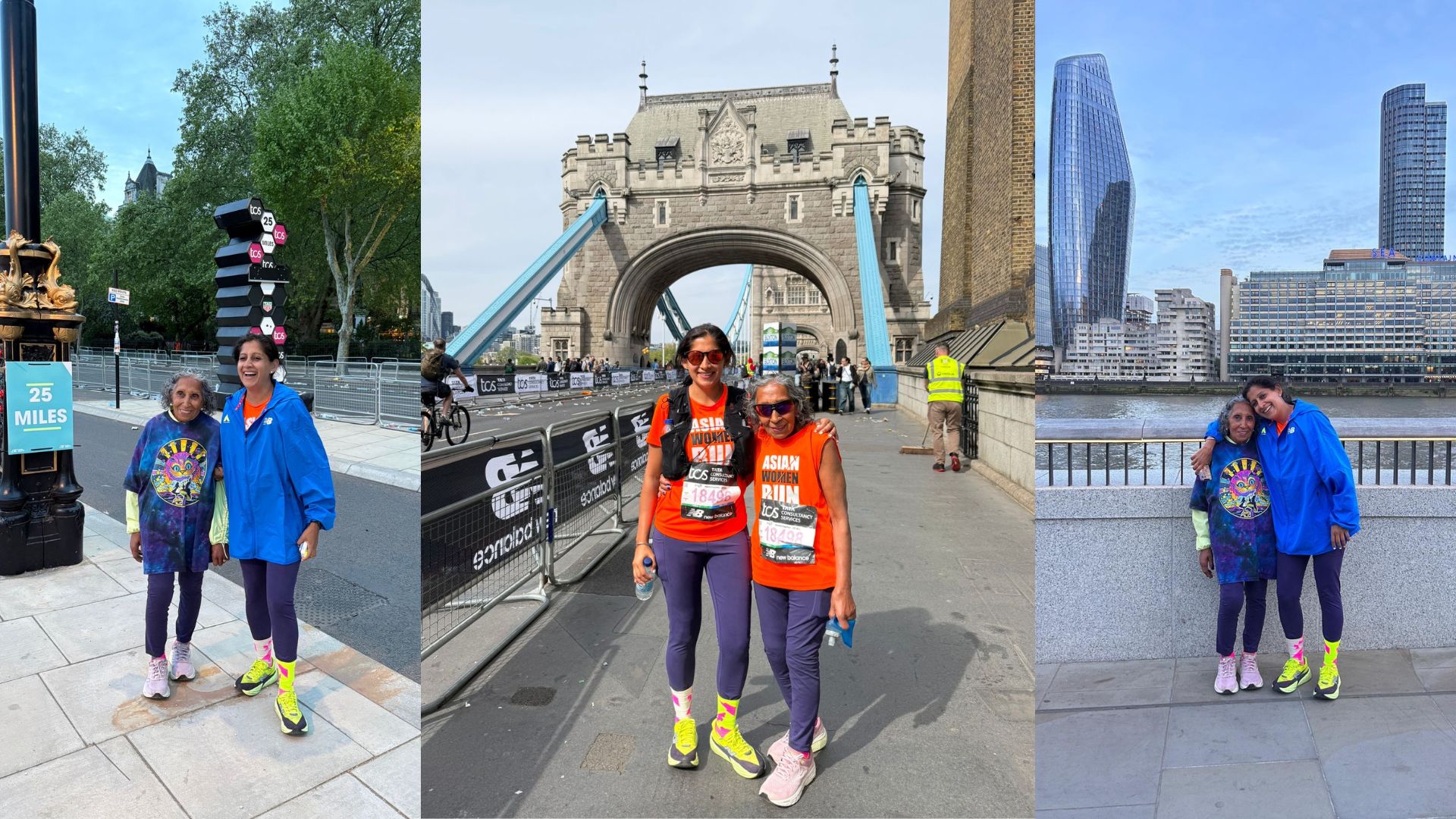 Minreet Kaur standing with her mum at various points along the London Marathon route