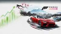 Forza Horizon 6 artwork showing a red sports car, Mount Fuji, cherry blossoms, and a rising green sales chart.