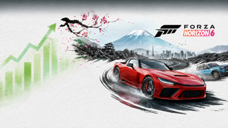 Forza Horizon 6 artwork showing a red sports car, Mount Fuji, cherry blossoms, and a rising green sales chart.