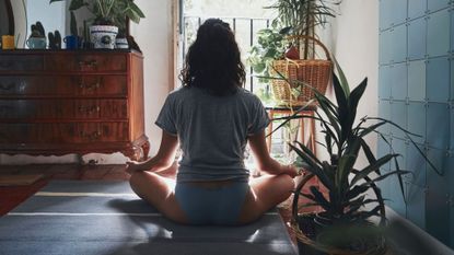 Woman meditating next to window, Mental Health Awareness Month