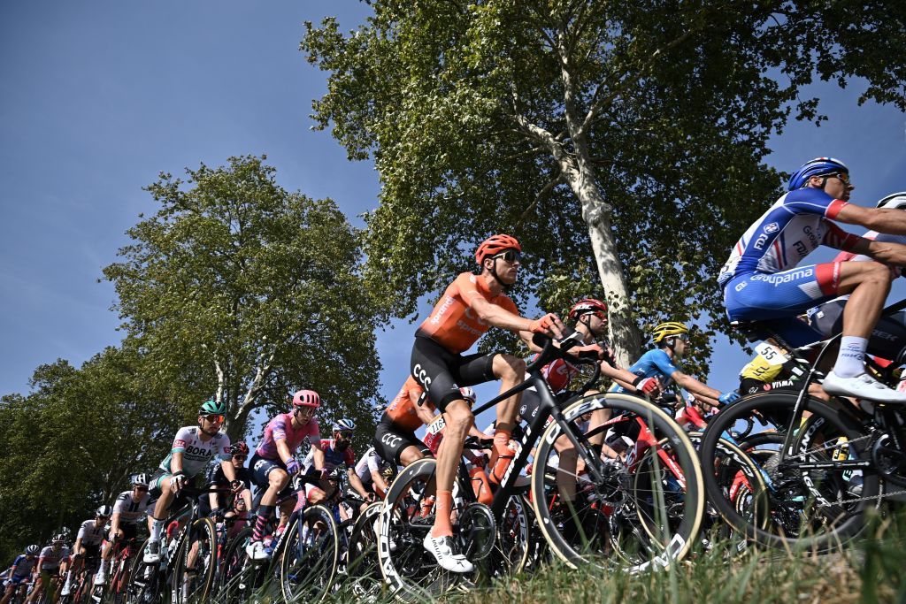 The pack rides during the 19th stage of the 107th edition of the Tour de France cycling race 160 km between BourgenBresse and Champagnole on September 18 2020 Photo by AnneChristine POUJOULAT AFP Photo by ANNECHRISTINE POUJOULATAFP via Getty Images