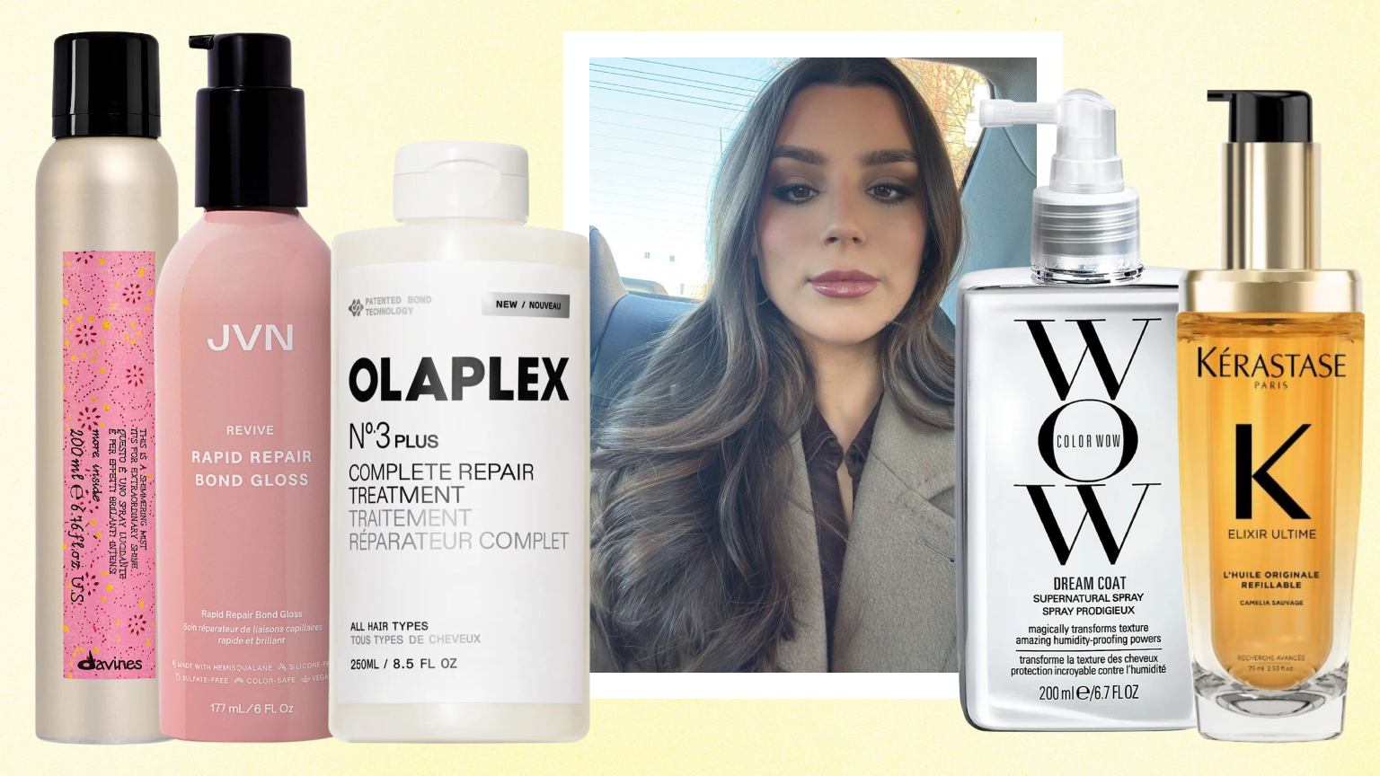 glass hair art treatment with a woman with long brunette hair on a yellow background with bottles of hair products surrounding her