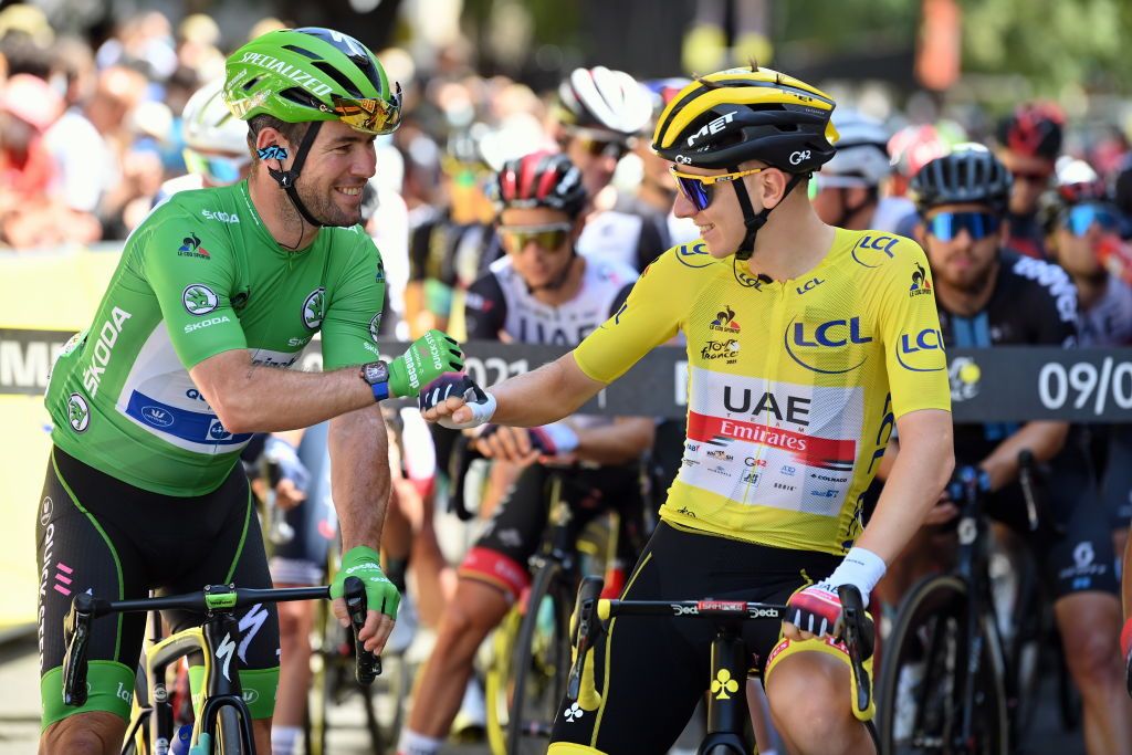 British Mark Cavendish of Deceuninck QuickStep and Slovenian Tadej Pogacar of UAE Team Emirates pictured at the start of stage 13 of the 108th edition of the Tour de France cycling race from Nimes to Carcassonne 2199 km in France Friday 09 July 2021 This years Tour de France takes place from 26 June to 18 July 2021 BELGA PHOTO DAVID STOCKMAN Photo by DAVID STOCKMANBELGA MAGAFP via Getty Images