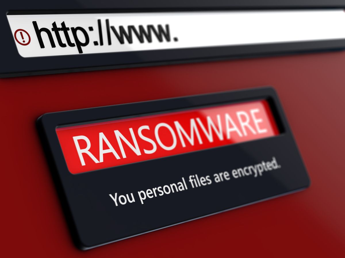 Ransomware warning on a compute screen with a URL address bar above it