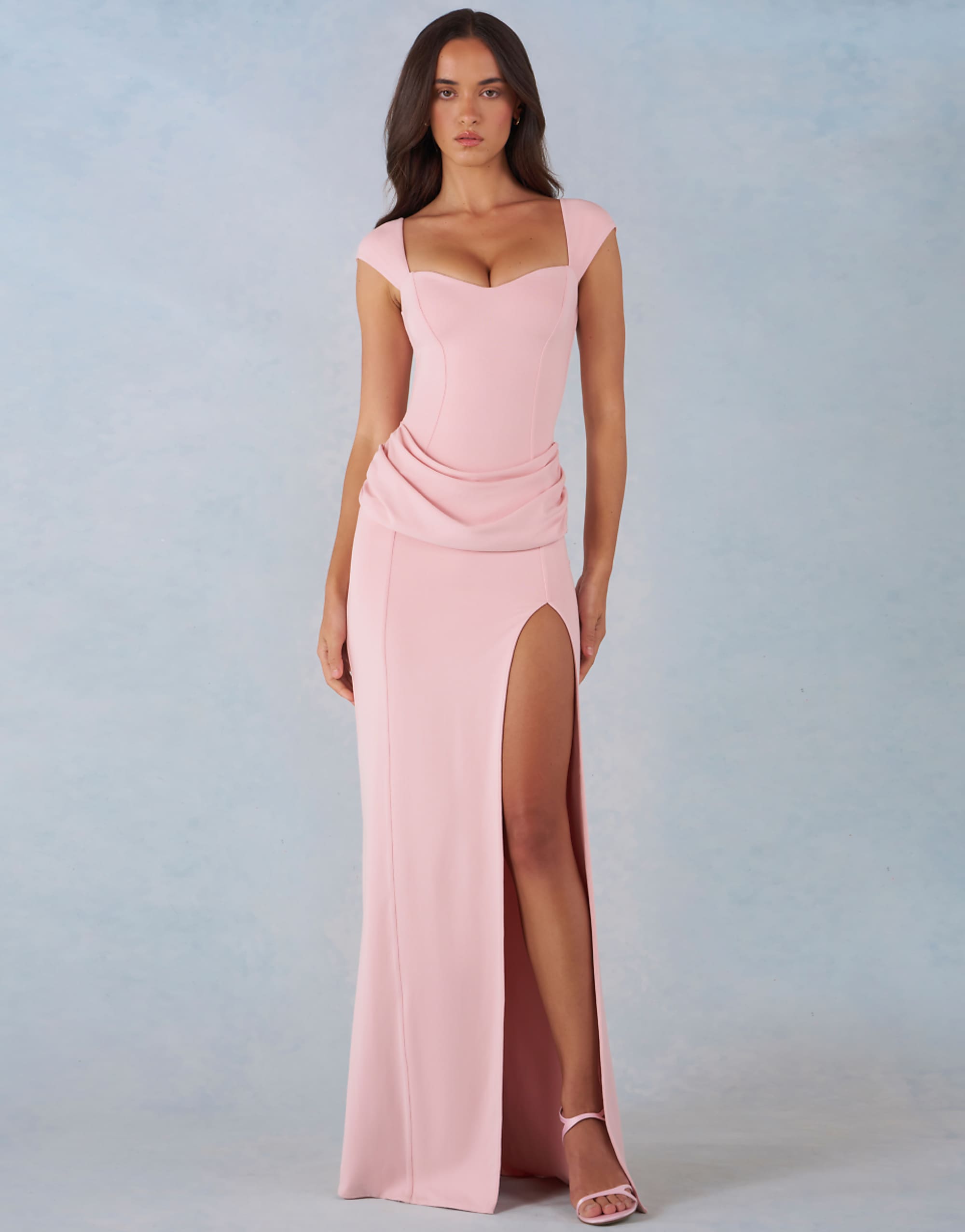 Oh Polly Modal Sweetheart Neck Cap Sleeve Draped Detail Maxi Dress in Blush Pink