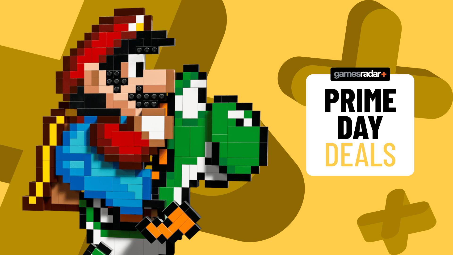 Lego Super Mario World set alongside a GamesRadar+ Prime Day deals badge, all on a yellow background