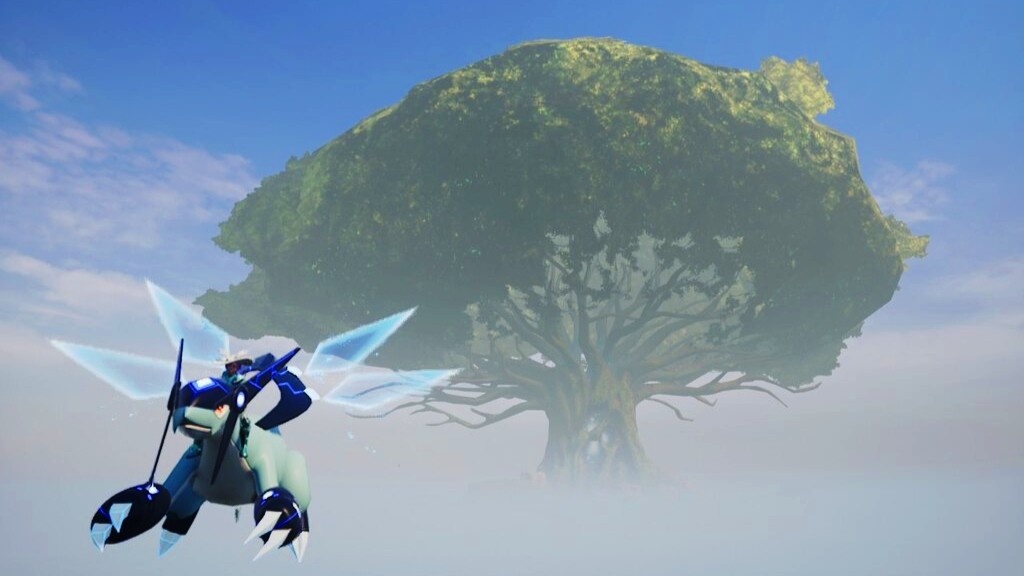 Palworld character in front of giant world tree