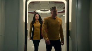 Una and Captain Pike in Una on trial in Star Trek Strange New Worlds.