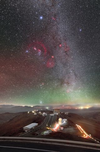 A colorful night sky sparkles over the La Silla Observatory in Chile's Atacama Desert in this cosmic shot by European Southern Observatory photo ambassador Petr Horálek. As bright-green airglow looms near the horizon, red emission nebulas decorate the Orion constellation overhead. One of them is Barnard's Loop, which forms an arc around the Orion Molecular Cloud Complex.