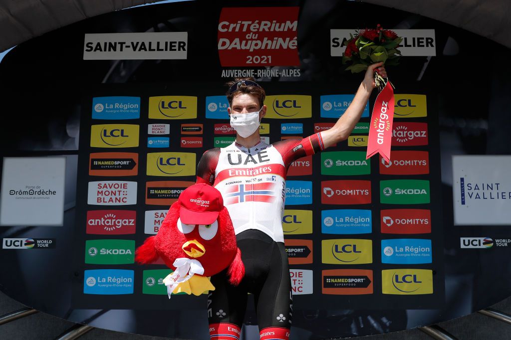 SAINTVALLIER FRANCE JUNE 03 Sven Erik Bystrom of Norway and UAE Team Emirates Most Combative rider celebrates at podium during the 73rd Critrium du Dauphin 2021 Stage 5 a 1754km stage from SaintChamond to SaintVallier UCIworldtour Dauphin dauphine on June 03 2021 in SaintVallier France Photo by Bas CzerwinskiGetty Images