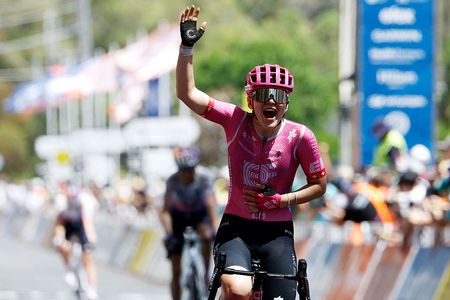 CAMPBELLTOWN, AUSTRALIA - JANUARY 19: Noemi Ruegg of Switzerland and Team EF Education-Oatly celebrates at finish line as stage winner during the 10th Santos Women's Tour Down Under 2026, Stage 3 a 126.5km stage from Norwood to Campbelltown / #UCIWWT / on January 19, 2026 in Campbelltown, Australia. (Photo by Con Chronis/Getty Images)