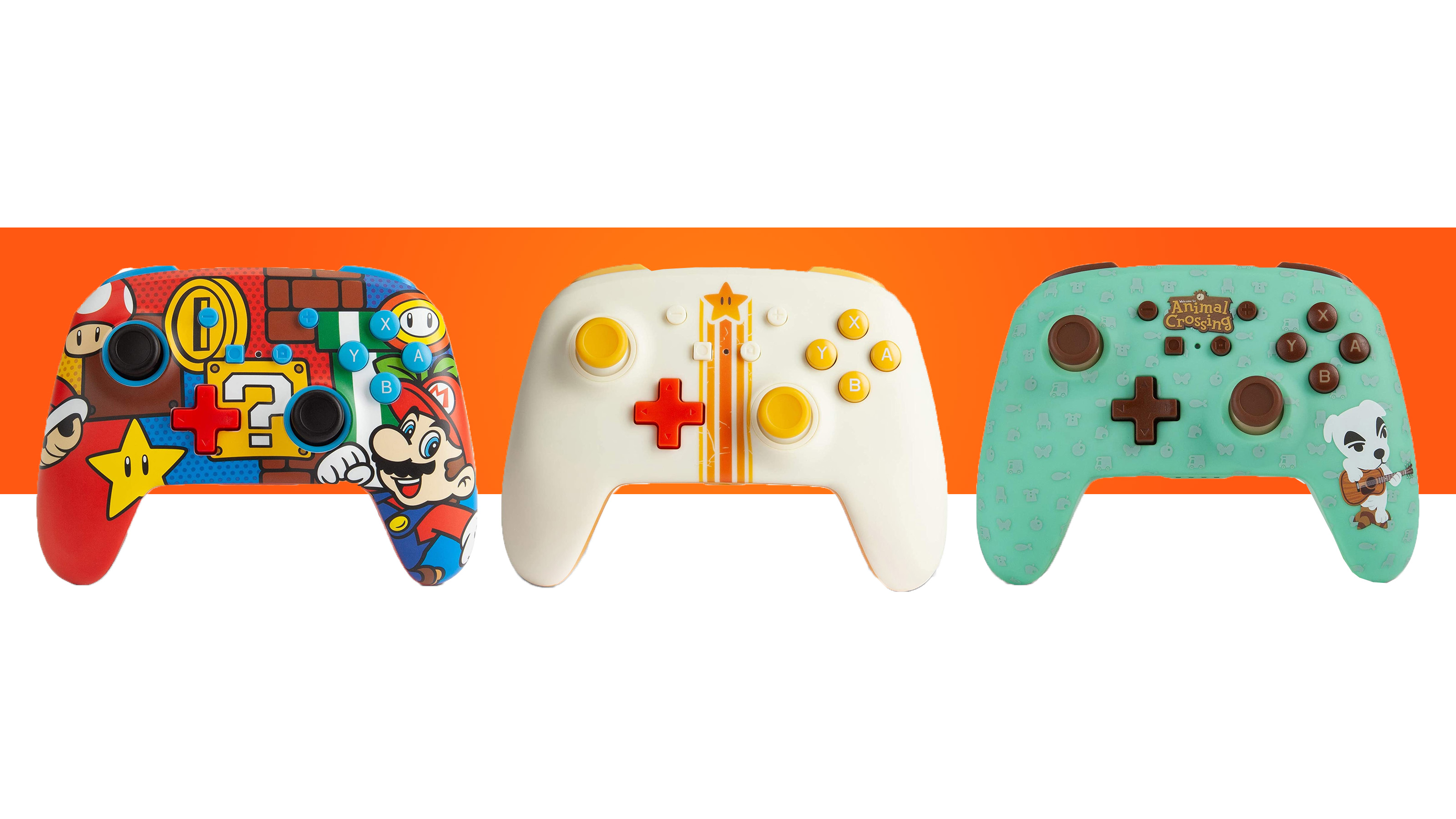 product shots of 3 PowerA Switch controllers with an orange background