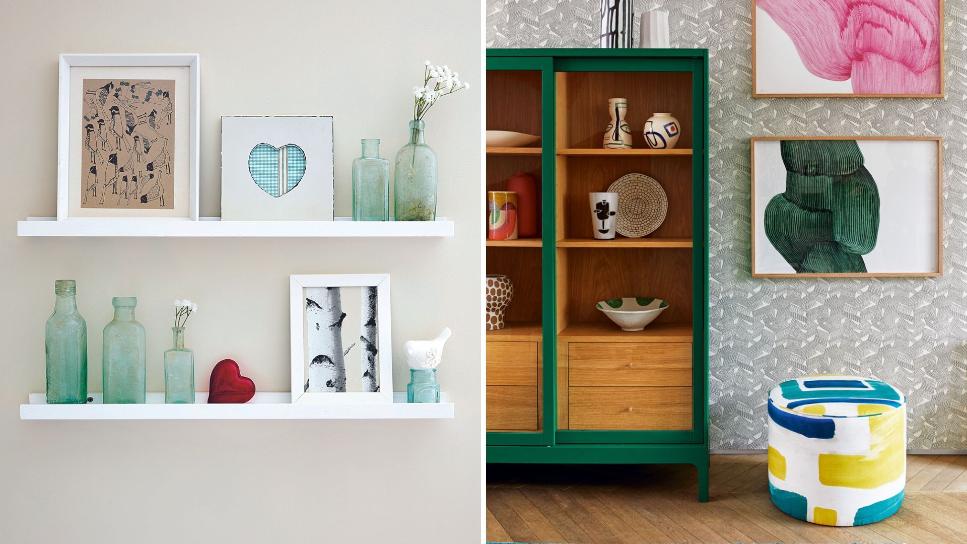 floating wall shelves on a white wall to show an outdated interior design trend 2023 next to a green display cabinet