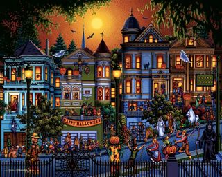 Wallpaper of a street of trick-or-treaters