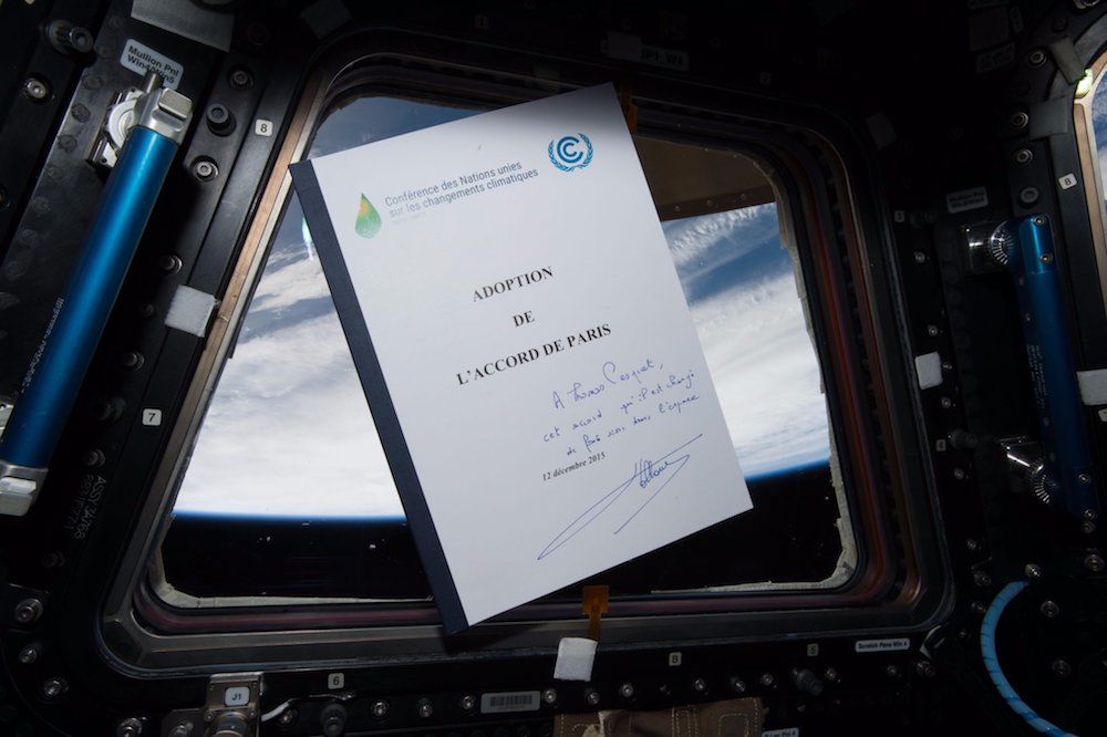 French astronaut Thomas Pesquet posted this image on Twitter Tuesday (June 6), writing. &quot;I took the #ParisAgreement to the ISS: from space, climate change is very real. Some could probably use the view #MakeOurPlanetGreatAgain,&quot; he tweeted.