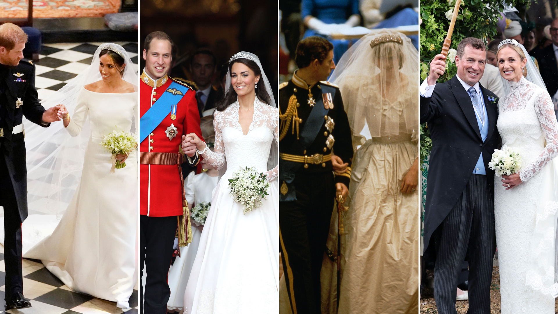 Royal weddings, including Meghan Markle wearing a white gown and holding Prince Harry's hand, Prince William and Princess Kate exiting Westminster Abbey, and King Charles gazing at Princess Diana