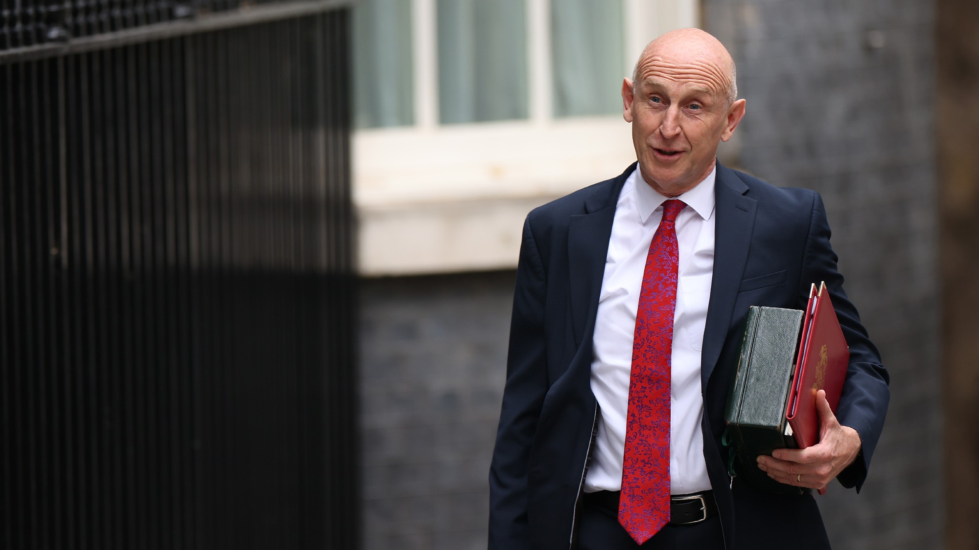 Chancellor of the Exchequer John Healey arrives at 10 Downing Street for Prime Minister Andy Burnham's first cabinet meeting