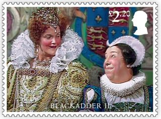 Blackadder stamp featuring Miranda Richard as Queen Elizabeth I alongside Nursie