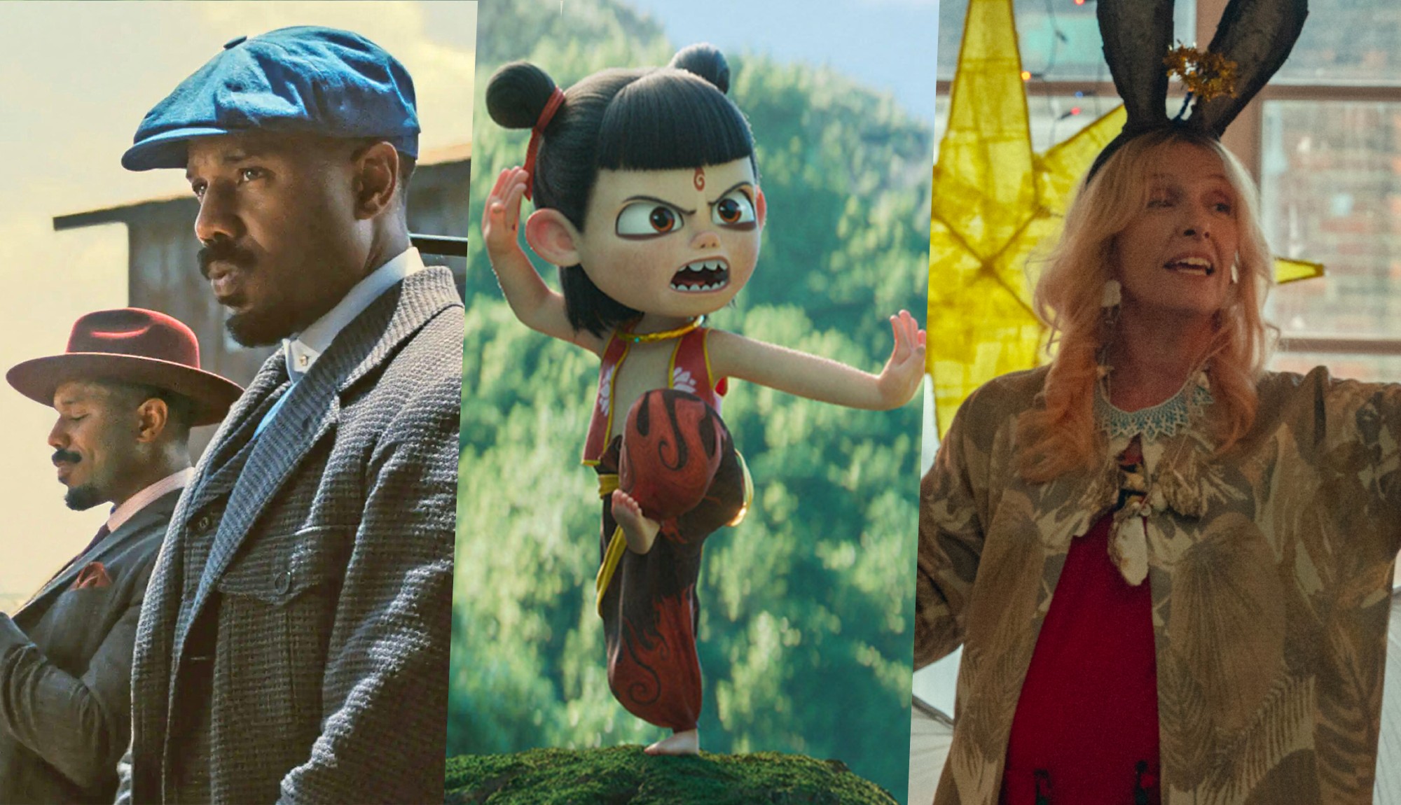 (From L to R): Michael B Jordan as the twins Smoke and Stack in Sinners; Ne Zha (voiced by Griffin Puatu in English) in Ne Zha 2; and Toni Collette as Helen in Goodbye June
