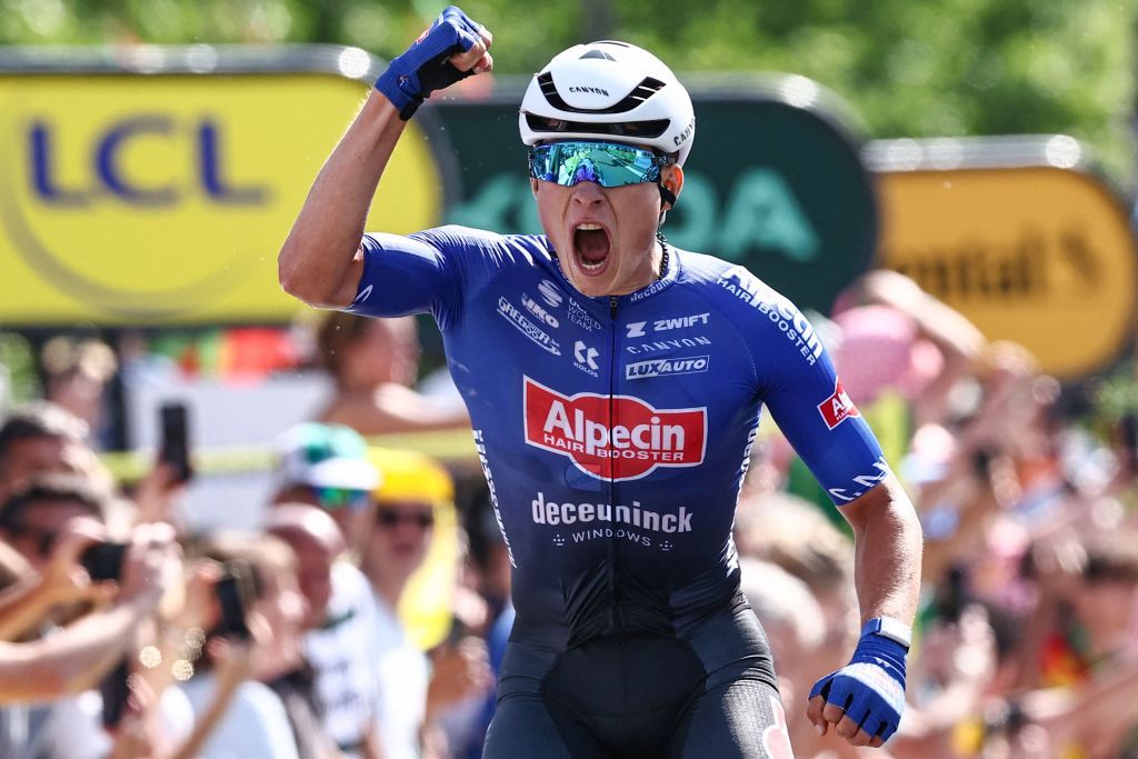 AlpecinDeceunincks Belgian rider Jasper Philipsen celebrates as he cycles to the finish line to win the 3rd stage of the 110th edition of the Tour de France cycling race 1935 km between AmorebietaEtxano in Northern Spain and Bayonne in southwestern France on July 3 2023 Photo by AnneChristine POUJOULAT AFP Photo by ANNECHRISTINE POUJOULATAFP via Getty Images