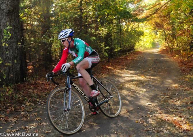 A lone racer on a picturesque fire road in Canton, Massachusetts