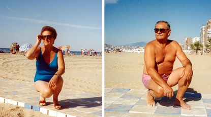 Two pictures next to each other of an old man and and old woman kneeling on the beach.