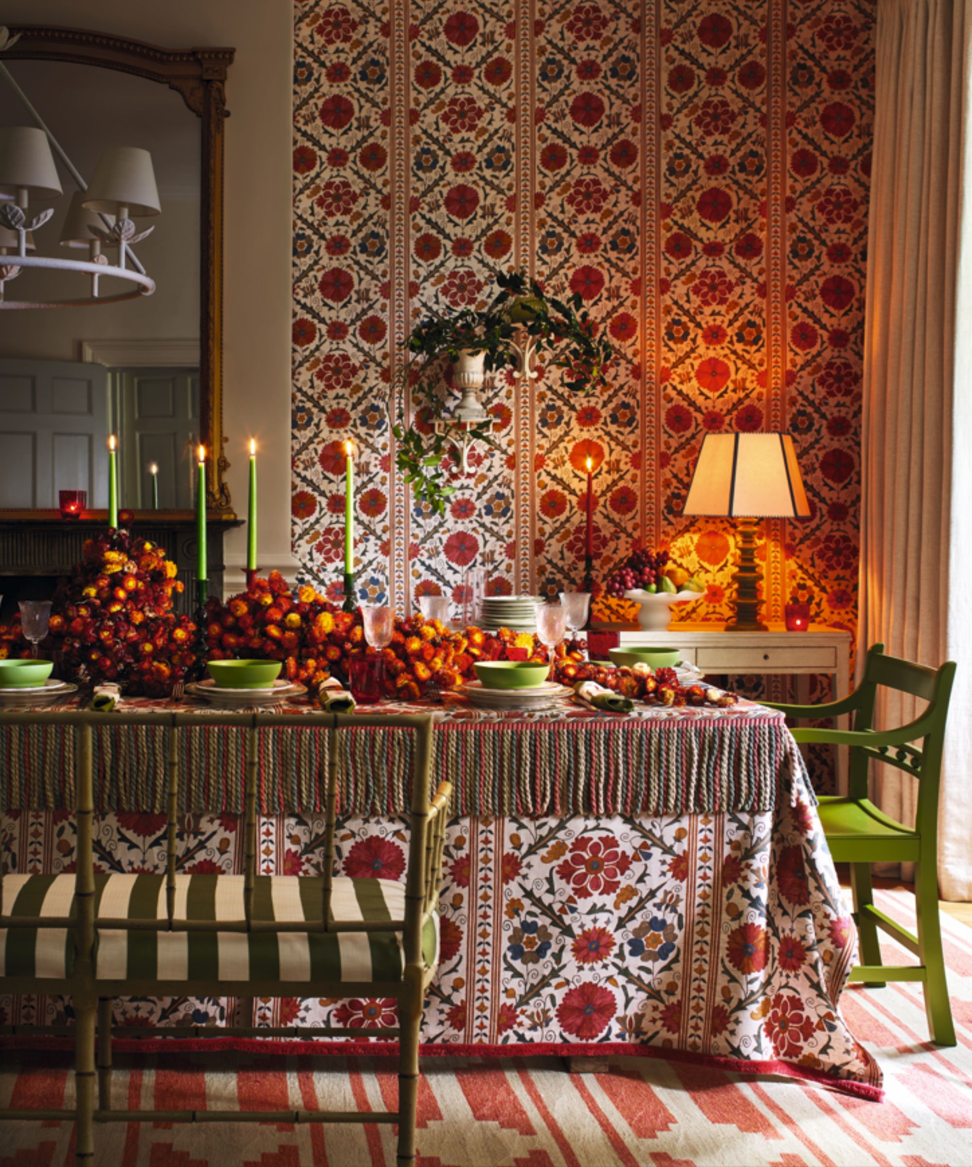 Bold orange and green themed Christmas table setting