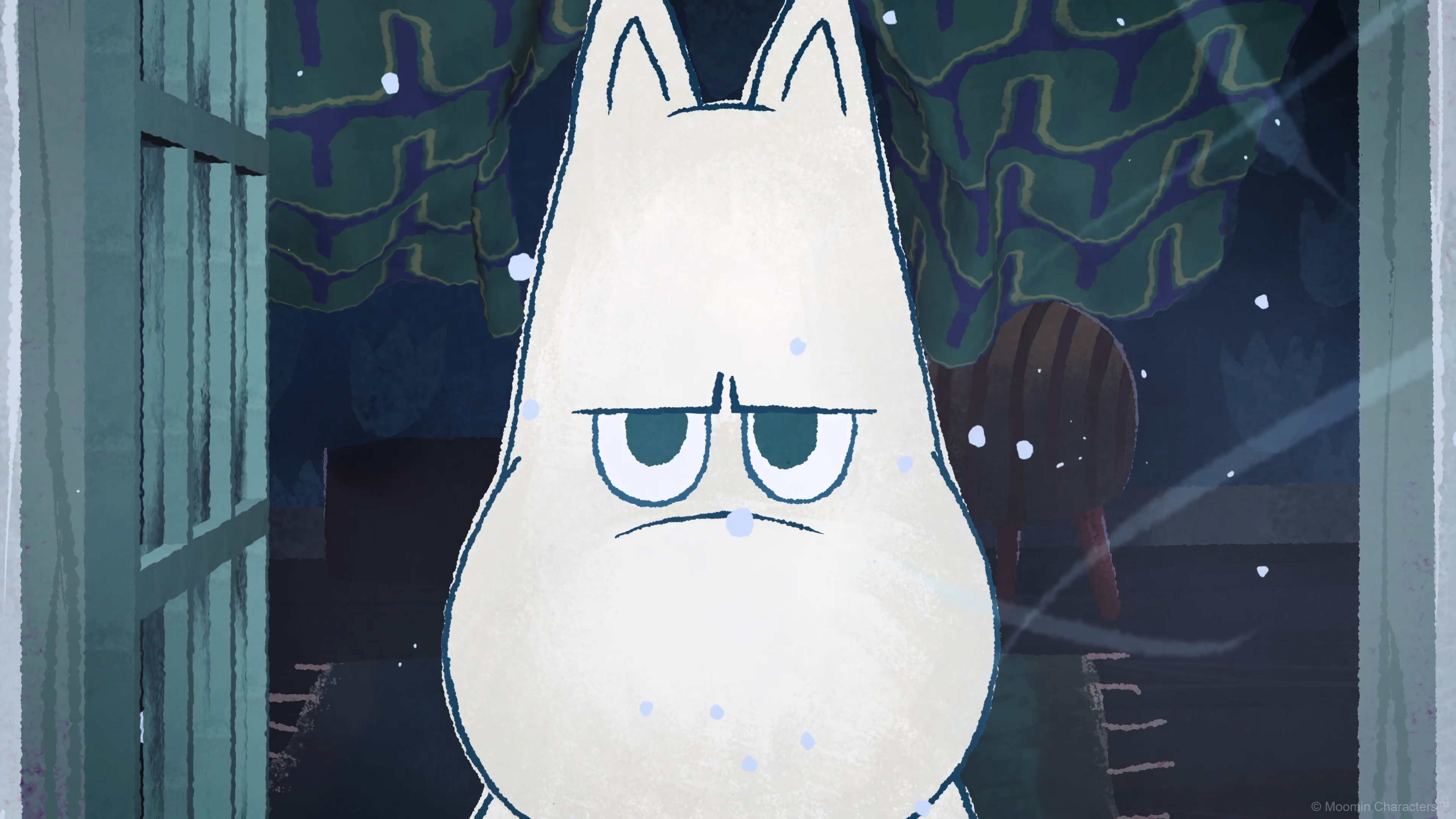 Moomintroll frowns in an open doorway