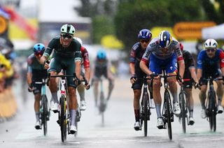 VALENCE, FRANCE - JULY 23: (L-R) Jonathan Milan of Italy and Team Lidl - Trek - Green Sprint Jersey celebrates at finish line as stage winner ahead of Jordi Meeus of Belgium and Team Red Bull - BORA - hansgrohe during the 112th Tour de France 2025, Stage 17 a 160.4km stage from Bollene to Valence / #UCIWT / on July 23, 2025 in Valence, France. (Photo by Tim de Waele/Getty Images)