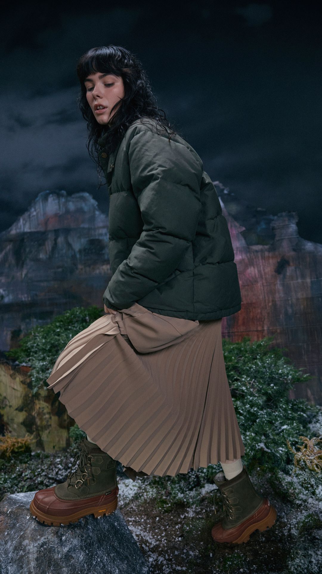 a model wearing the sorel x barbour collaboration