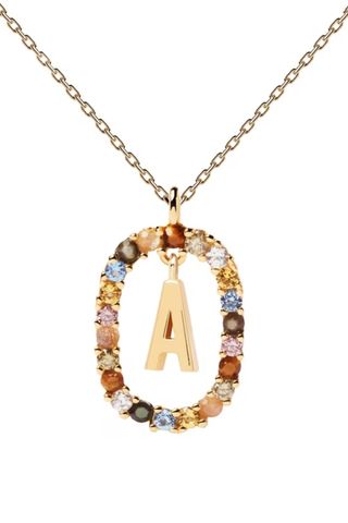 initial necklace with frame of colourful gemstones