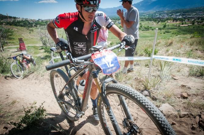 Raphael Gange makes his way up a short but difficult climb while in the lead group of riders during the elite men's race. Gange went on to take third during the day.