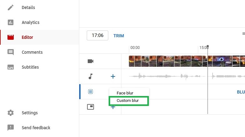 How to edit videos on YouTube - add blur step 1: Click either “Blur parts of your video” or the “+” symbol within the same row.  Then, click “Custom blur.”