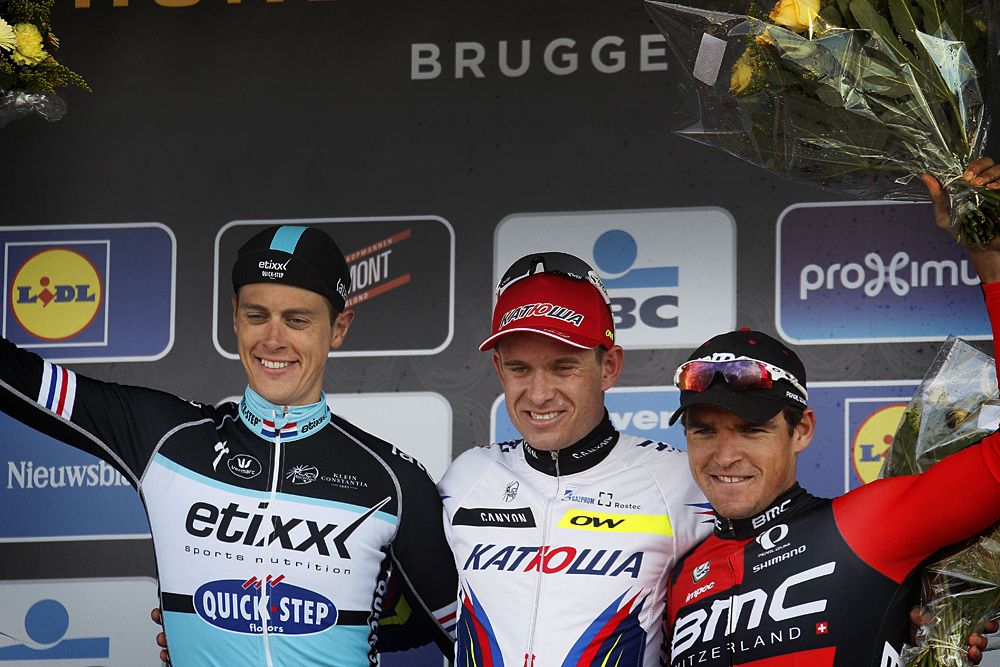 The Tour of Flanders podium: Niki Terpstra, Alexander Kristoff and Greg Van Avermaet