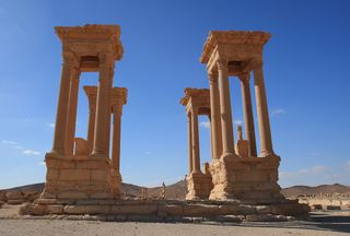 Satellite images showed that this Roman monument called a tetrapylon in Palmyra has been badly damaged.