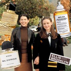 A still from Gilmore Girls overlaid with cozy perfumes.