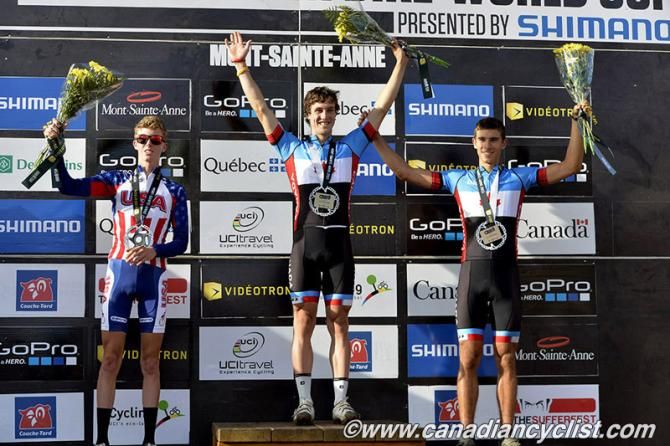 Junior men's Mont-Sainte-Anne World Cup podium: Lucas Newcomb, Peter Disera, Marc Andre Fortier