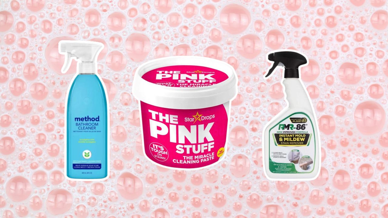 Best bathroom cleaning supplies image on pink bubble background with Method bathroom cleaner, The Pink Stuff paste and RMR86 mold spray