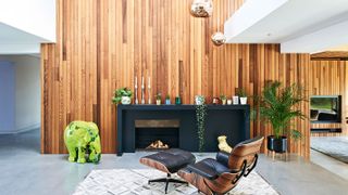 contemporary fireplace with modern internal timber cladding
