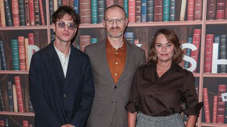 an image of the cast of Bookish, from L-R: Connor Finch, Mark Gatiss and Polly Walker attending the premiere of Bookish at the Soho Hotel