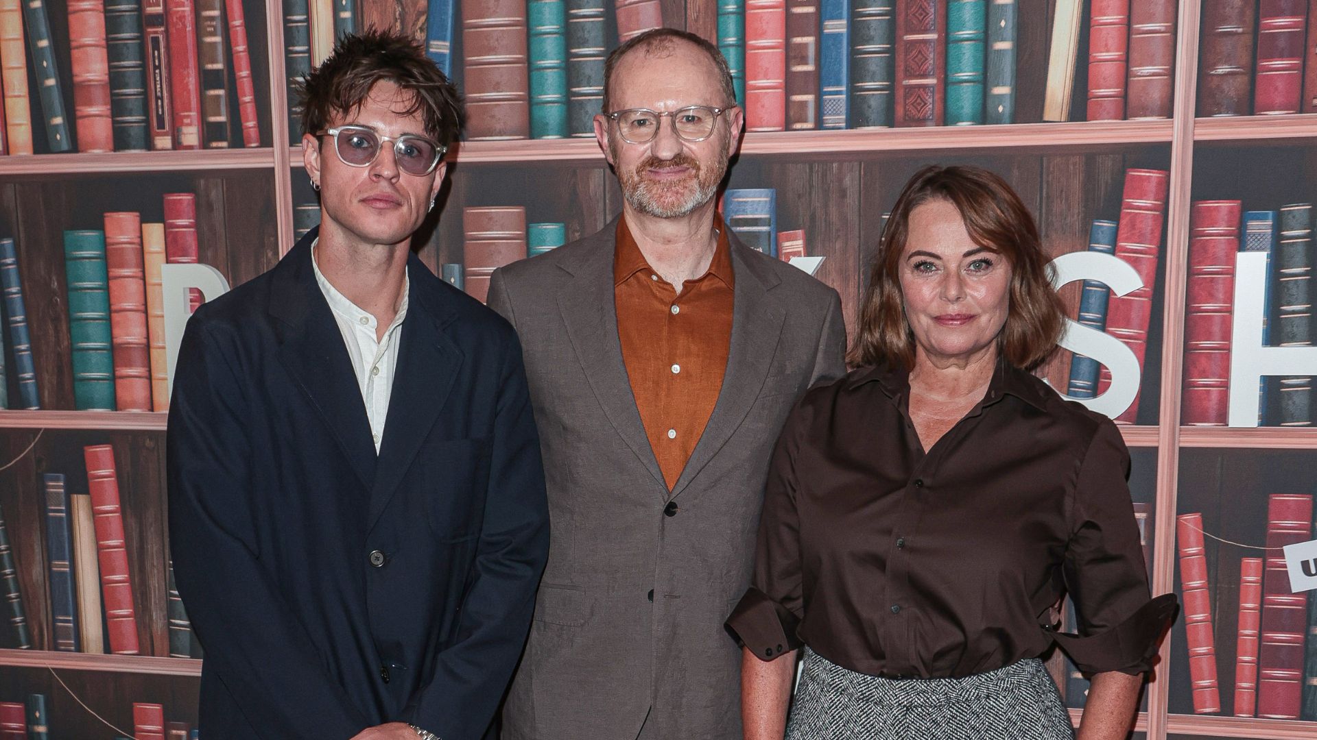 an image of the cast of Bookish, from L-R: Connor Finch, Mark Gatiss and Polly Walker attending the premiere of Bookish at the Soho Hotel