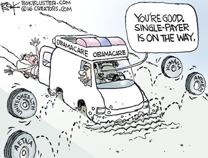 Editorial cartoon US Obamacare ambulance losing wheels